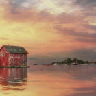 Tranquil lake landscape with wooden house, lighthouse, sailboats, mountains, and moon in