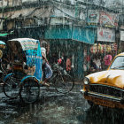 Colorful Umbrellas, Rainy City Street, Classic Car & Dog Watching