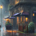 Rainy cobblestone street with warm street lamps and old-fashioned buildings.