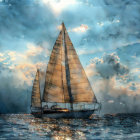 Sailboat sailing on shimmering sea under dramatic sky