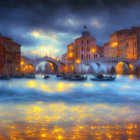 Night Canal Scene with Boats, Snowy Sky, and Illuminated Reflections