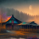 Riverside scene at dusk with rustic huts, reflective water, colorful foliage, mist, cres