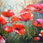 Detailed Watercolor Painting of Red Poppies with Raindrop Backdrop