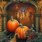 Detailed Autumnal Scene with Pumpkins, Leaves, and Halloween Clock