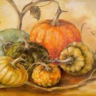 Colorful Still-Life Painting with Pumpkin, Flowers, and Butterflies