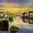 Tranquil riverside village at sunset with moored boats and wooden houses under a rain overlay