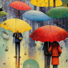 Vibrant umbrellas in whimsical rainforest scene