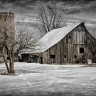 Old barn on stilts by misty lake under starry night sky with full moon and autumn trees