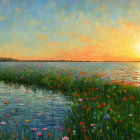 Tranquil field of poppies and daisies at sunrise with pond and cottages