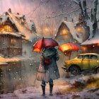 Person with red umbrella in snow-covered village street with vintage houses and classic car.