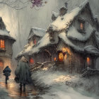 Cloaked figure approaching snow-covered cottage in wintry forest