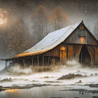 Snow-covered cottage in moonlit winter scene