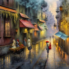 Rainy day scene: people on street, colorful shops, ambient lighting on wet cobblestones