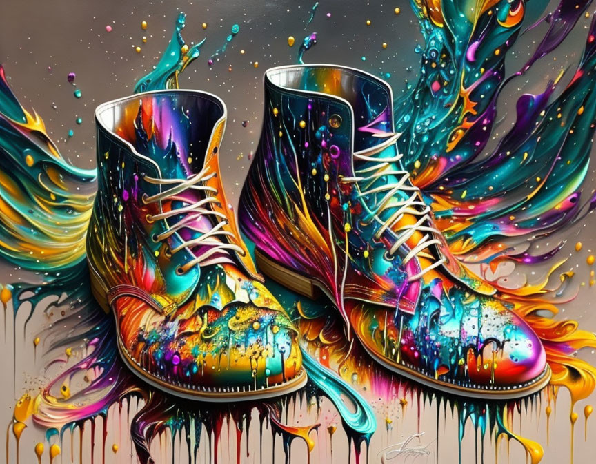 Colorful Paint Splattered Boots Artwork Displayed