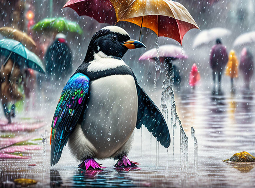 Colorful Penguin with Blue Wing Holding Orange Umbrella in Rainy Scene