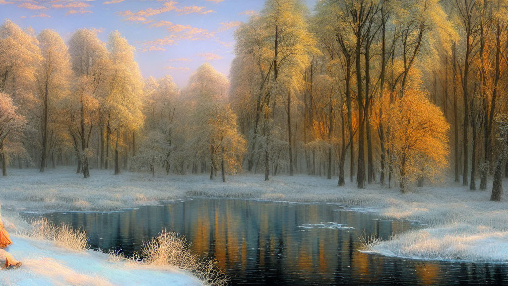 Tranquil winter landscape with frost-covered trees and serene river