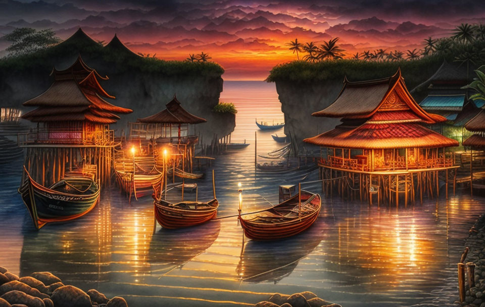 Asian stilt houses over water at dusk with boats, vibrant sunset sky, lanterns, and calm