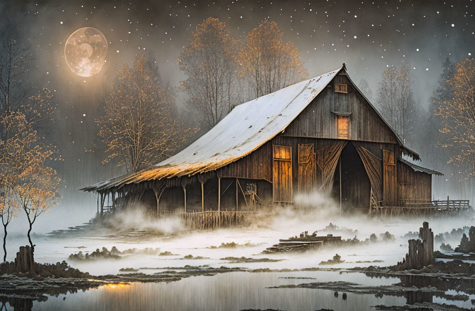 Old barn on stilts by misty lake under starry night sky with full moon and autumn trees