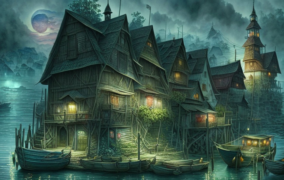 Moonlit harbor scene with wooden houses, boats, and misty atmosphere