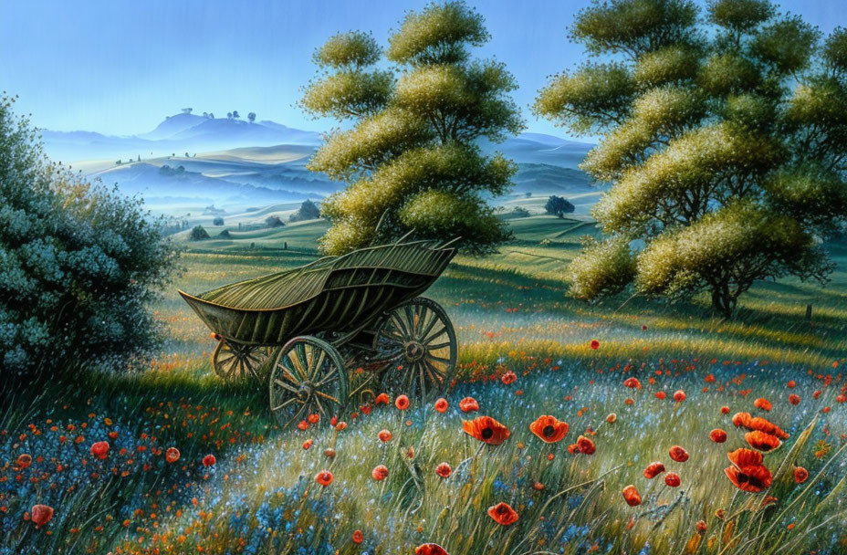 Vibrant red poppies in lush green meadow with wooden cart and rolling hills under hazy