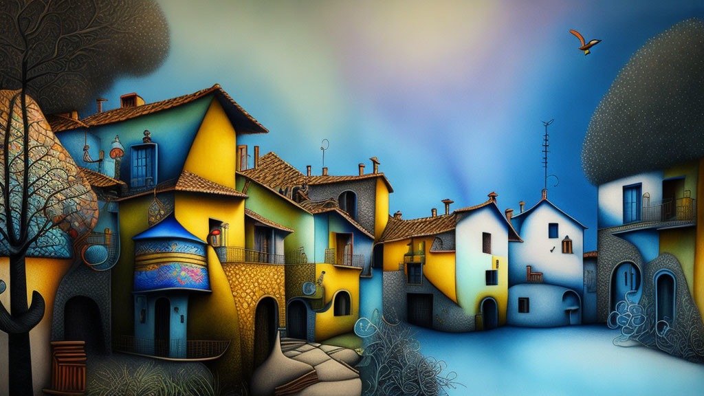 Colorful Stylized Village Illustration with Cobblestone Paths