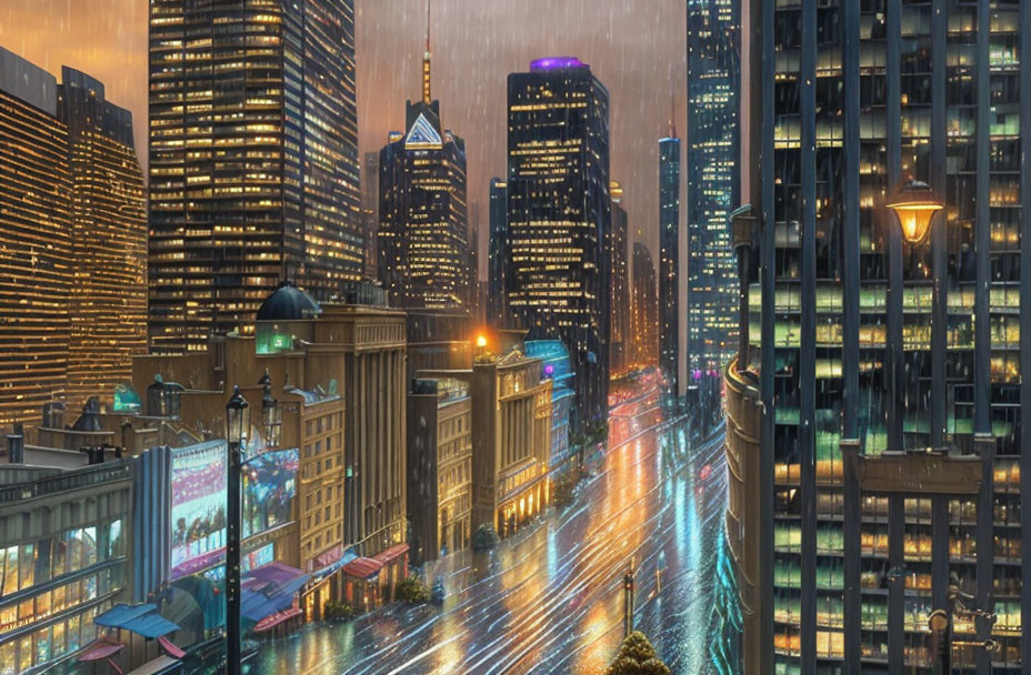 Vibrant night cityscape with illuminated skyscrapers and rain-soaked streets