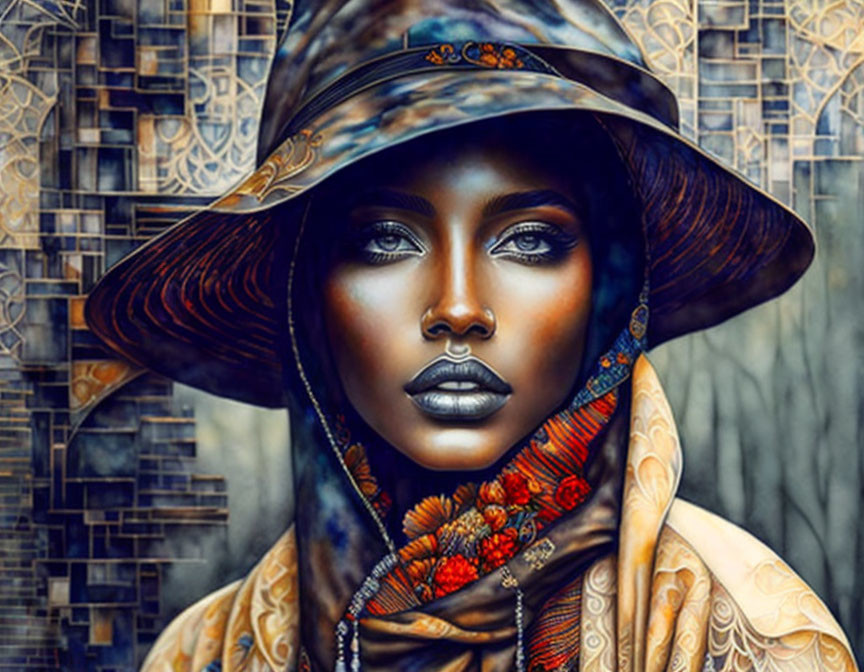 Digital artwork: Woman in wide-brimmed hat and scarf on geometric background