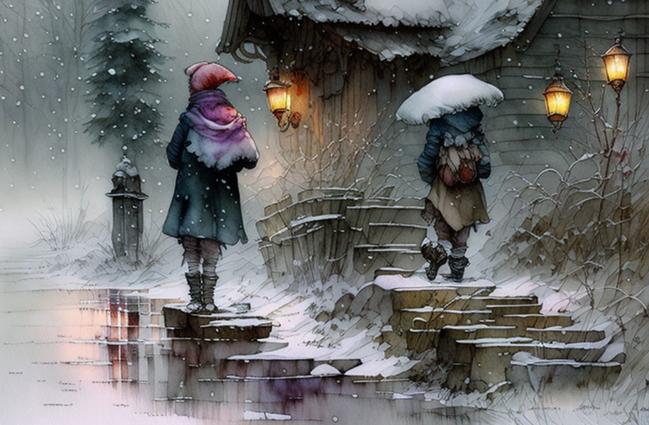 Winter-themed illustration of two figures on snowy path near cozy cottage