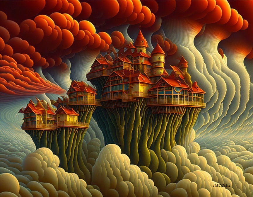 Fantastical painting: Castle with spires on tree-like structures in red sky