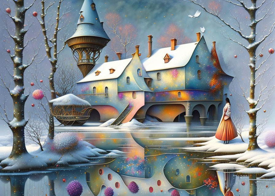 Fantastical winter scene with woman in red dress and snow-covered castle