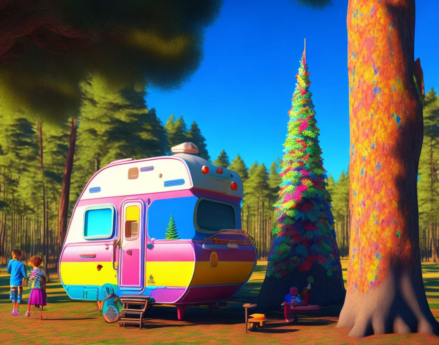 Vibrant caravan parked in sunny forest with children and picnic setup