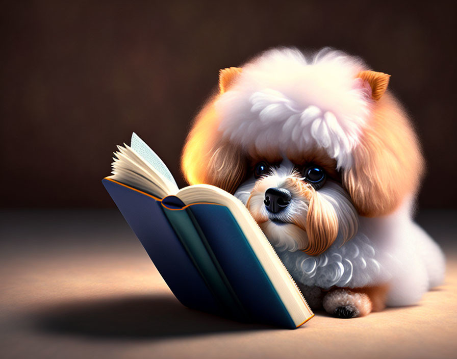 Fluffy dog with stylized haircut reading open book