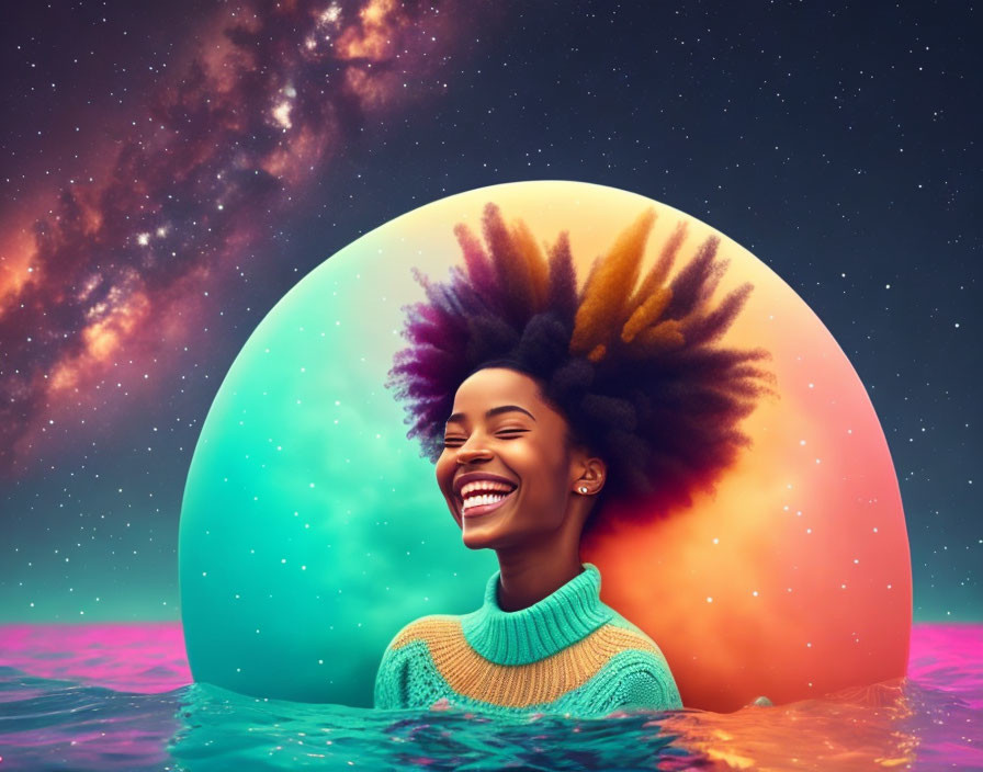 Colorful Afro Woman Emerges from Water in Surreal Bubble