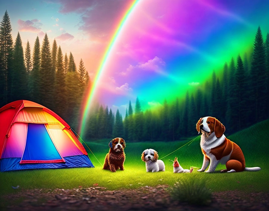 Three dogs under vibrant rainbow in forest clearing