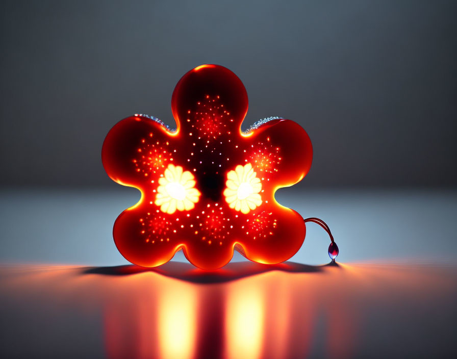 Red Flower-Shaped Light with Glowing Dots and Petals on Gray Background