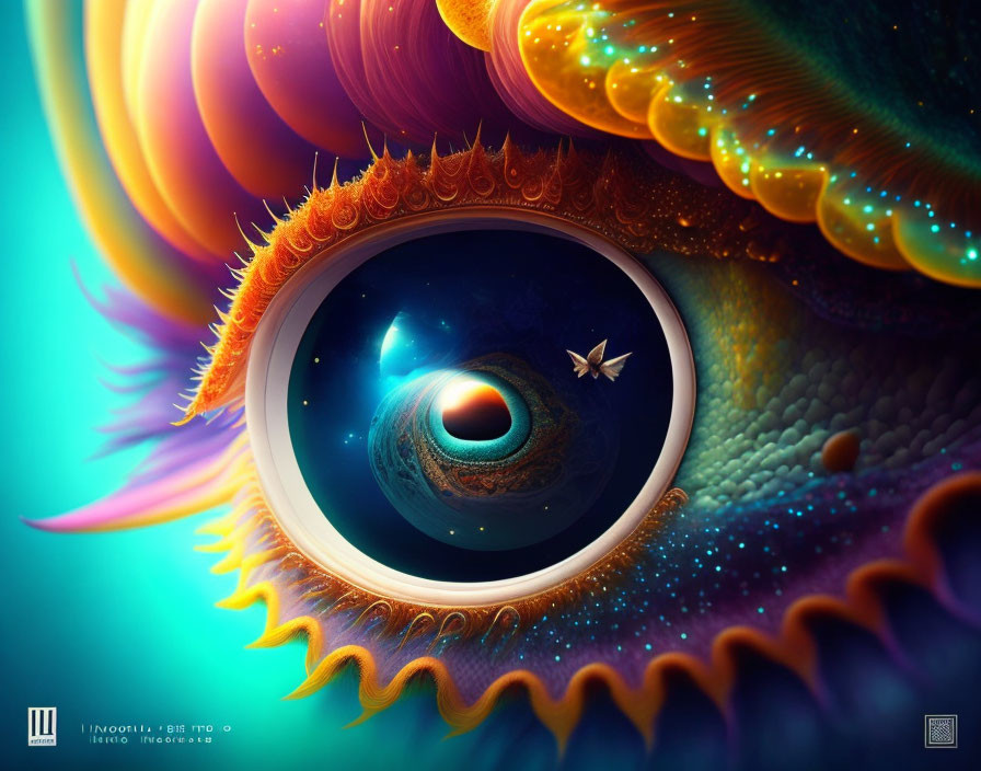 Illustration of surreal eye reflecting cosmic scene with vibrant abstract shapes