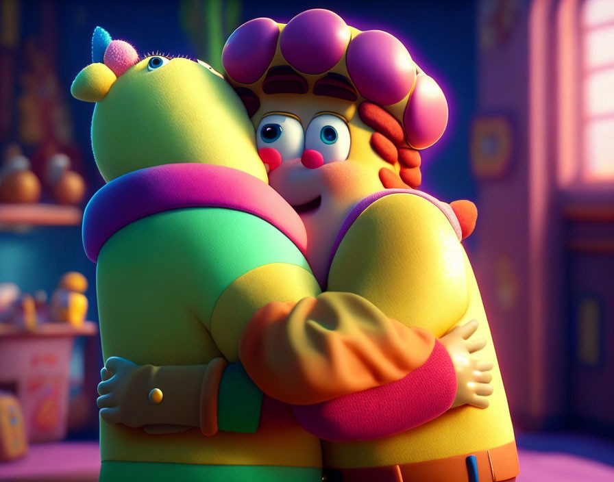 Colorful animated characters hugging in toy-filled room