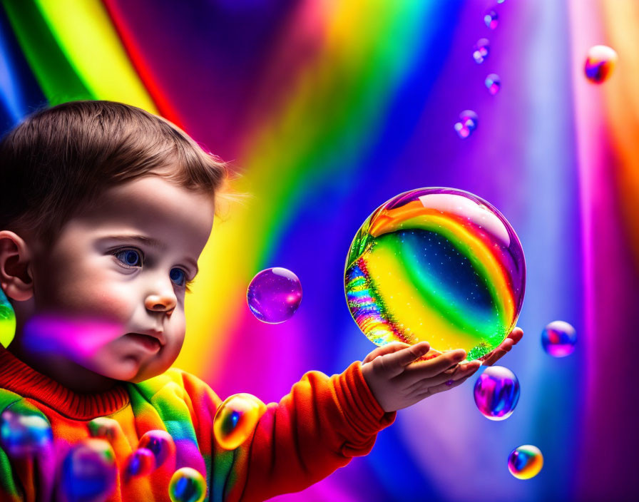 Young child captivated by iridescent bubble on colorful background