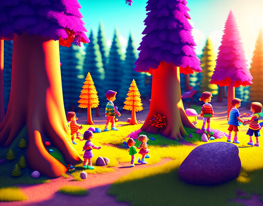 Colorful image of children playing in whimsical forest