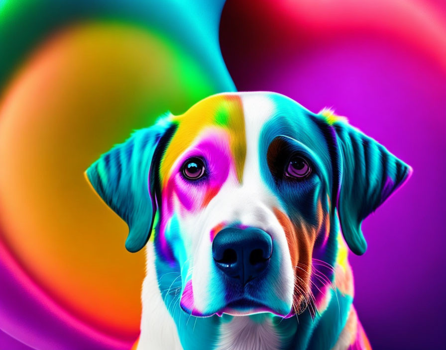 Colorful Digital Art: Psychedelic Dog in Rainbow Swirls