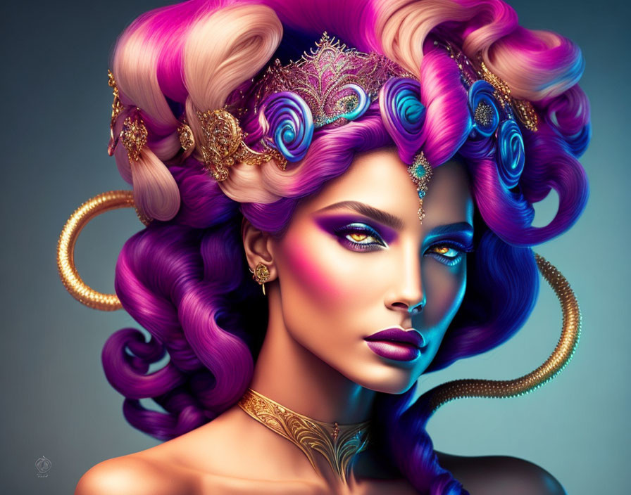 Colorful Woman Portrait with Purple and Blue Hair, Gold Jewelry, Elaborate Headdress, Blue