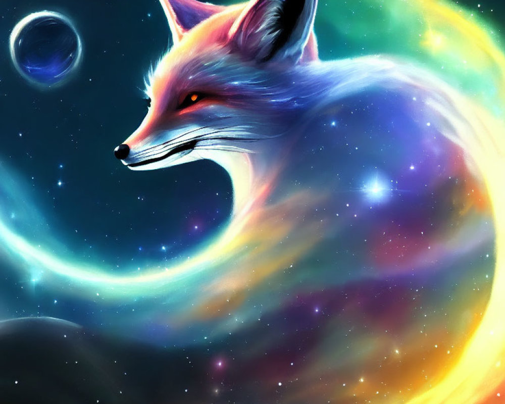 Colorful Celestial Fox Artwork with Cosmic Background