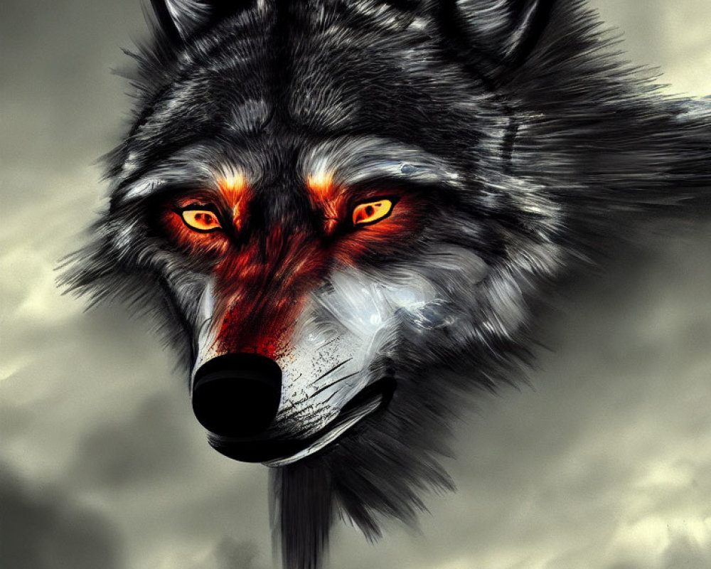 Detailed digital wolf head art with orange eyes and fur shading on gray background
