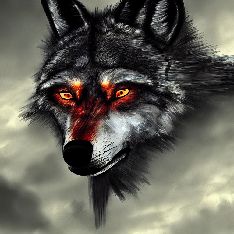 Detailed digital wolf head art with orange eyes and fur shading on gray background