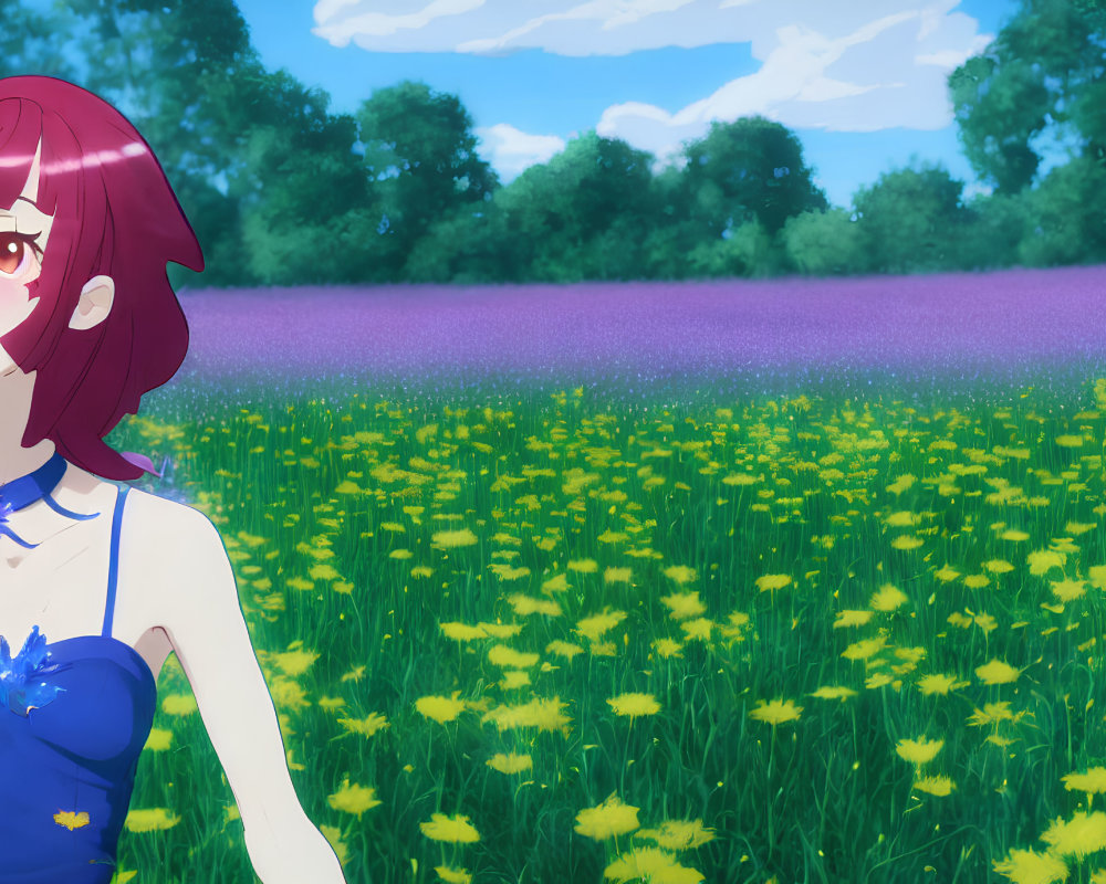 Purple-haired anime girl in blue floral dress surrounded by yellow flowers, lavender field, and blue sky.