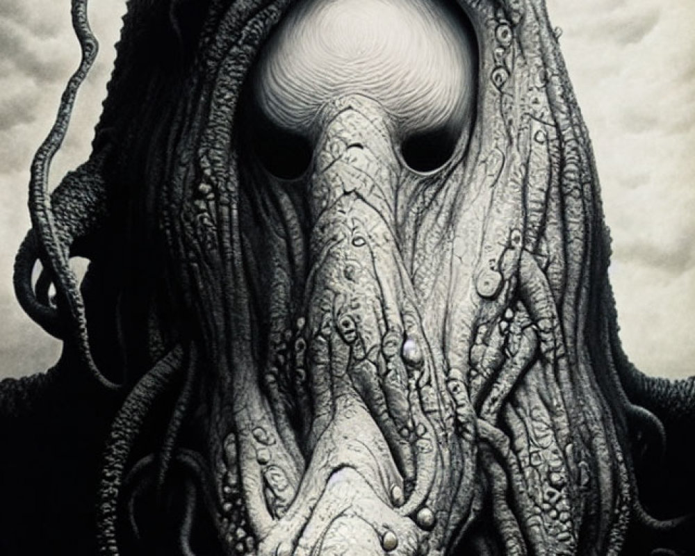 Illustration of eerie creature with octopus-like head and white eyes on cloudy background