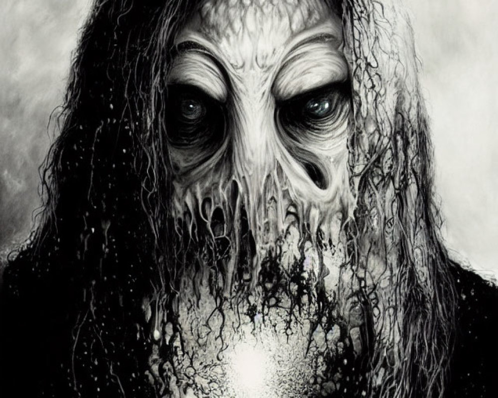 Monochromatic artwork of fantastical creature with hooded eyes and tendrils on textured background