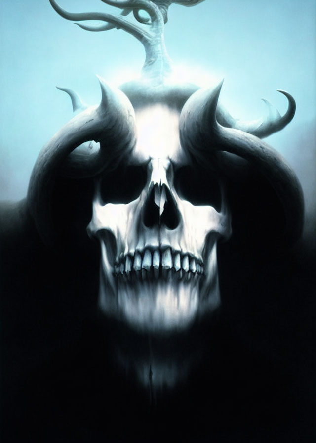 Skull with Large Twisting Horns on Dark Blue Background