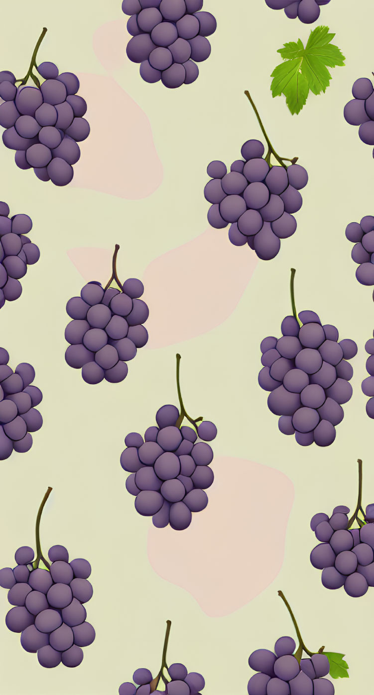 Patterned Image of Purple Grapes and Green Leaves on Pale Green Background