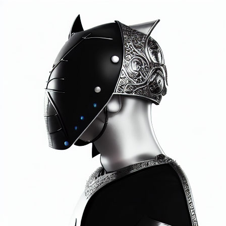 Futuristic cat-themed helmet on mannequin head with LED lights